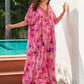 Rayon Rose Red Embroidered Beach Dress Outer Wear